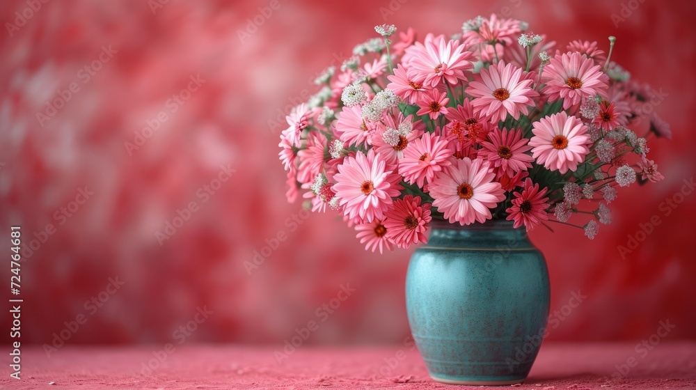 a blue vase filled with pink daisies on top of a pink table cloth covered tablecloth and a red wall behind the vase is a blue vase with pink and white daisies. a blue vase filled with pink daisies on top of a pink table cloth covered tablecloth and a red wall behind the vase is a blue vase with pink and white daisies.