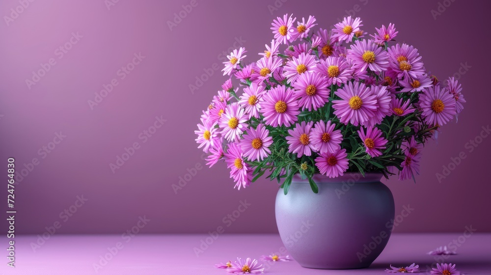a vase filled with lots of pink flowers on top of a purple counter top next to a pile of pink flowers on top of a purple surface next to a purple wall. a vase filled with lots of pink flowers on top of a purple counter top next to a pile of pink flowers on top of a purple surface next to a purple wall.