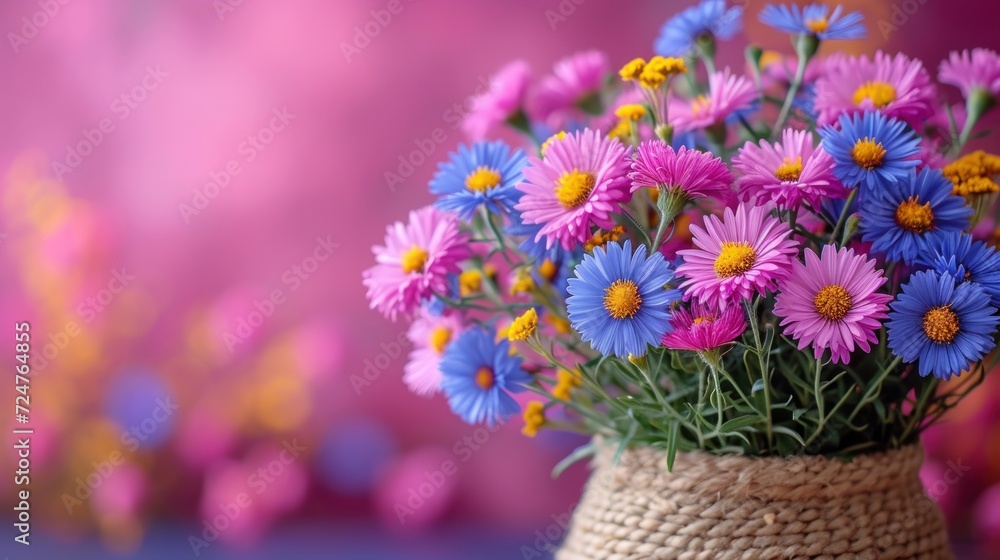  a bunch of purple and yellow flowers are in a woven vase on a blue and pink surface with other purple and yellow flowers in a pink and yellow background behind.