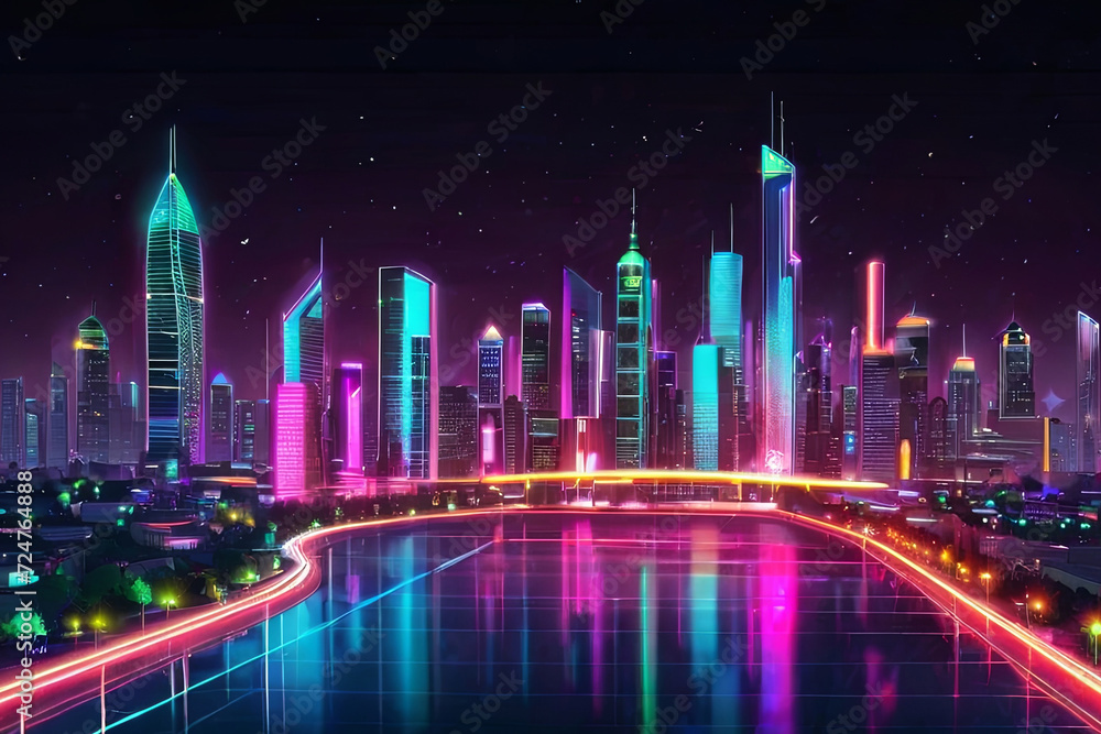 Futuristic city lights. Night skyline with neon hues, embodying smart city and big data concepts. Vibrant cityscape and holographic infrastructure. Explore the future. 