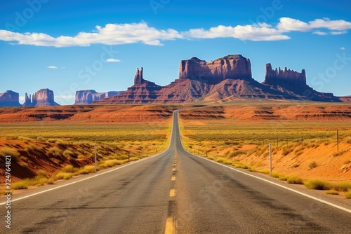 A photograph of a long road stretching through a vast desert landscape. Perfect for illustrating themes of adventure and exploration.