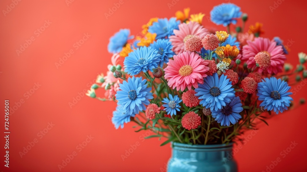  a blue vase filled with colorful flowers on top of a red table next to a red wall and a red wall behind the vase is a blue vase with colorful flowers.