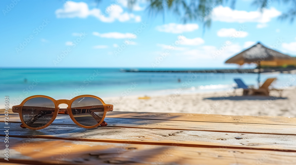 Sea view background, sea and sky sunny view, wooden table and sunglasses, beach landscape, summer season daylight, background for product Sea view background, sea and sky sunny view, wooden table and sunglasses, beach landscape, summer season daylight, background for product