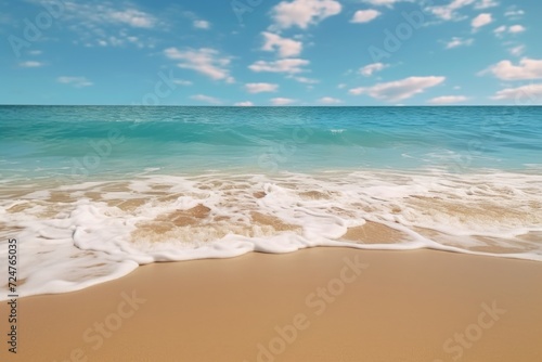 A serene sandy beach with a clear blue sky and fluffy white clouds. Perfect for vacation or travel themes