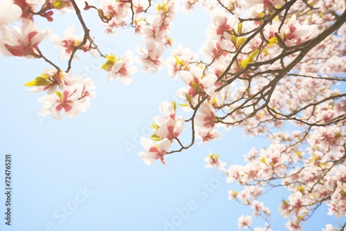 magnolia tree with white flowers against a clear sky
