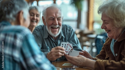 Group of elderly people playing cards and sharing laughter in a retirement nursing house photo