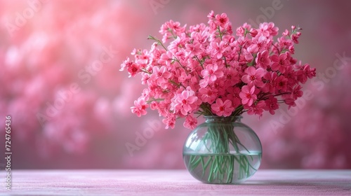  a vase filled with pink flowers sitting on top of a table next to a wall of pink blurry flowers behind a glass vase with green stems in the center.