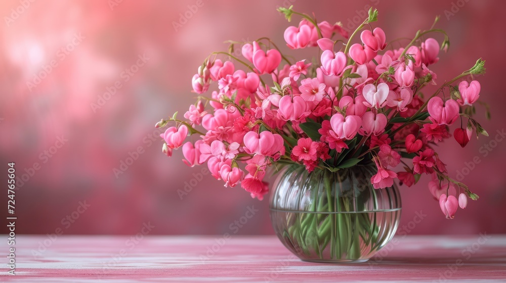 a vase filled with lots of pink flowers on top of a pink tablecloth covered table with a pink wall in the background and a pink wall in the background. a vase filled with lots of pink flowers on top of a pink tablecloth covered table with a pink wall in the background and a pink wall in the background.
