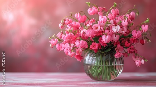  a vase filled with lots of pink flowers on top of a pink tablecloth covered table with a pink wall in the background and a pink wall in the background.