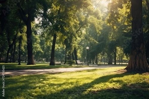 Sunlight shining through the trees in a park. Ideal for nature and outdoor themed designs