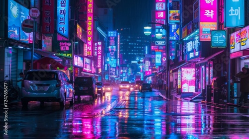 Engage in the futuristic ambiance of Seoul nights through a dynamic photograph that captures the bustling energy beneath a cascade of dazzling neon lights