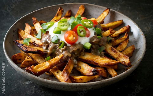 Capture the essence of Carne Asada Fries in a mouthwatering food photography shot
