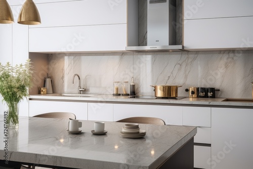 A kitchen with a marble counter top and white cabinets. Suitable for home decor and interior design projects