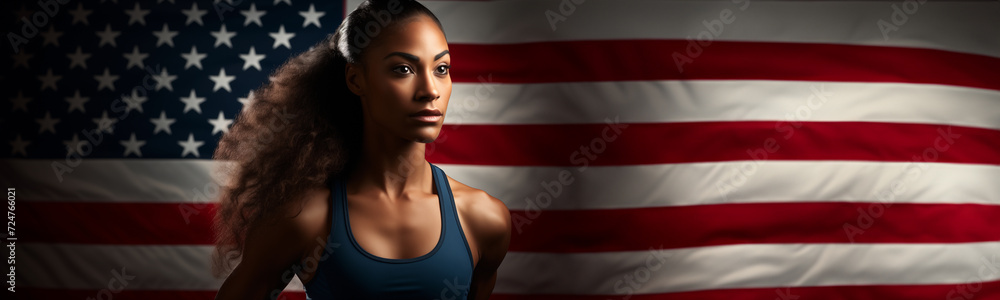 Naklejka premium American female athlete portrait with the United States of America flag. Conceptual USA patriot sports banner