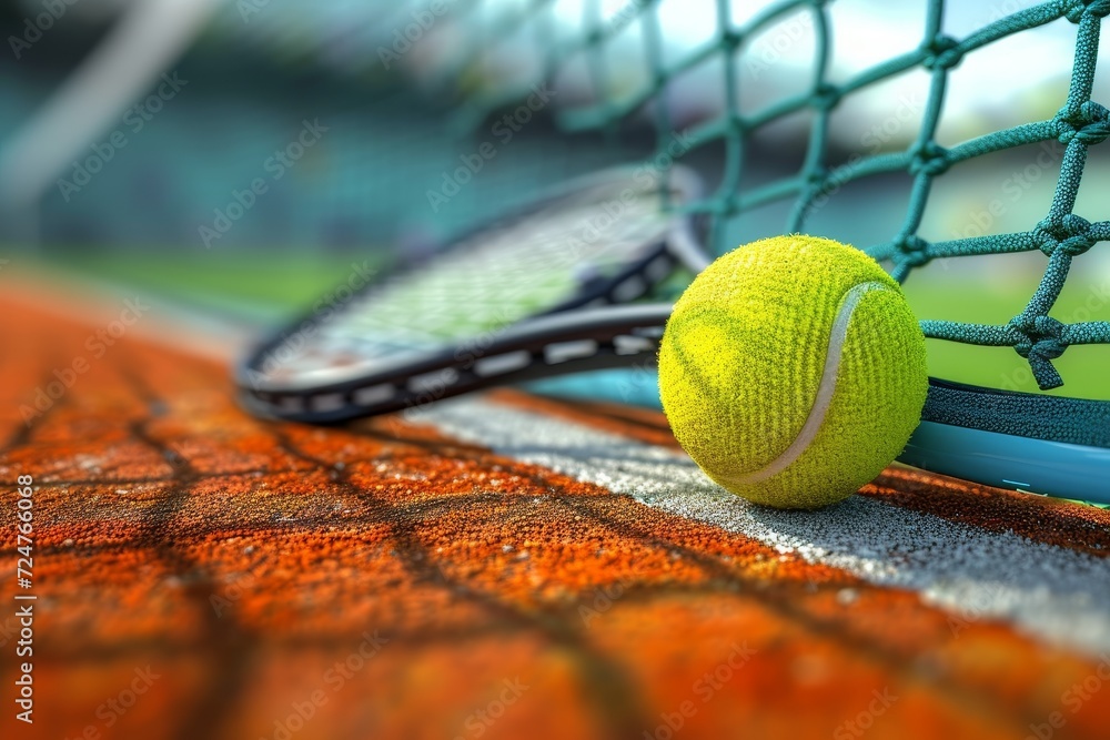 A vibrant game of skill and precision, where a yellow ball and racket collide on an outdoor court surrounded by a net and grounded in determination