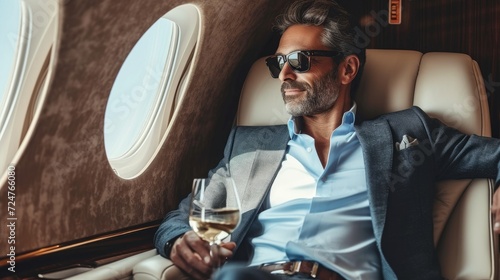 Businessman enjoy flight in private jet enjoying life photo