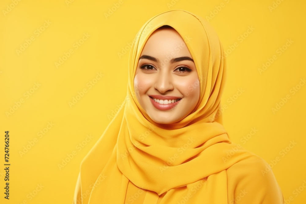 A woman wearing a yellow hijab smiles directly at the camera. This image can be used to represent happiness, diversity, and empowerment A woman wearing a yellow hijab smiles directly at the camera. This image can be used to represent happiness, diversity, and empowerment
