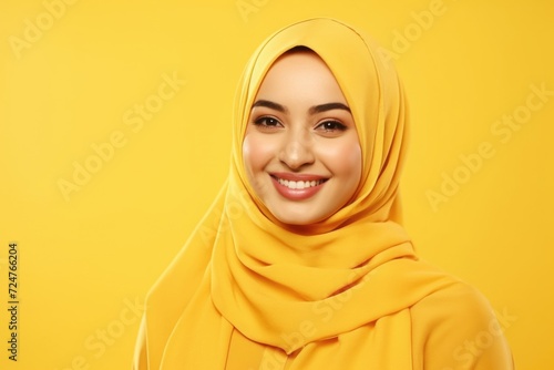 A woman wearing a yellow hijab smiles directly at the camera. This image can be used to represent happiness, diversity, and empowerment © Fotograf