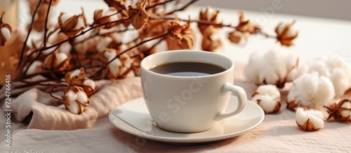 Cup of coffee with dry flowers on white table, closeup