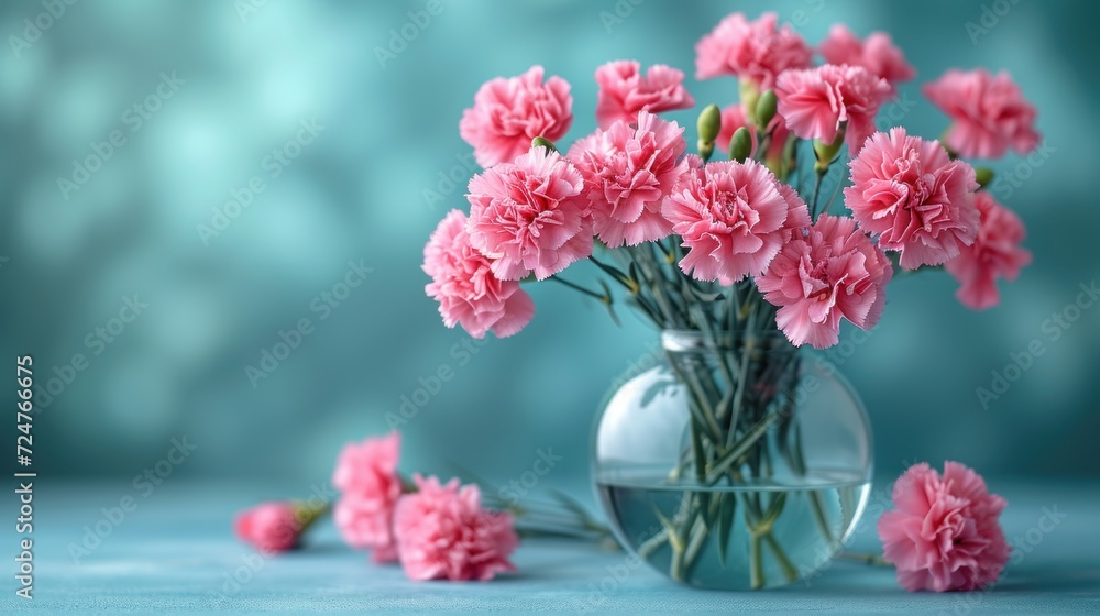 a vase filled with pink carnations on top of a blue table next to a small vase filled with pink carnations on top of a blue table. a vase filled with pink carnations on top of a blue table next to a small vase filled with pink carnations on top of a blue table.