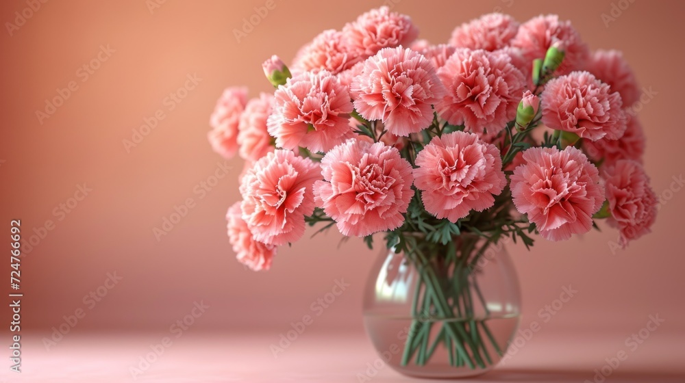 a vase filled with pink carnations on top of a pink table next to a pink wall and a pink wall behind the vase is filled with pink carnations. a vase filled with pink carnations on top of a pink table next to a pink wall and a pink wall behind the vase is filled with pink carnations.