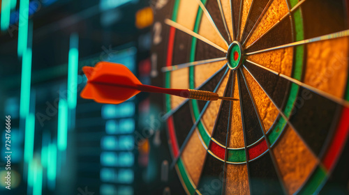 the dart is stuck on the target with stock market background, make a plan to reach your goals and success in terms of financial freedom and doing business