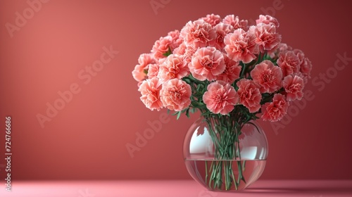  a glass vase filled with pink carnations on a pink surface with a pink wall behind the vase and a pink wall behind the vase with pink carnations.