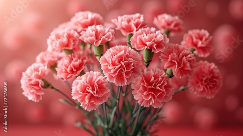  a bunch of pink carnations in a vase on a red surface with blurry boke of pink balls in the background and a red wall in the background.