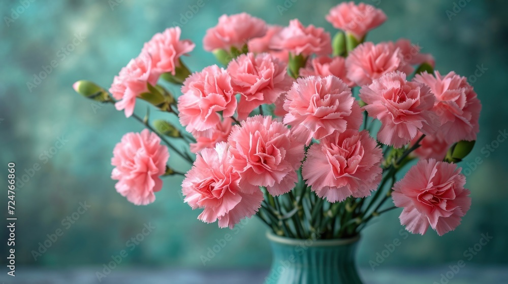  a green vase filled with pink carnations on top of a wooden table in front of a green and teal colored wall with a blue wall in the background.