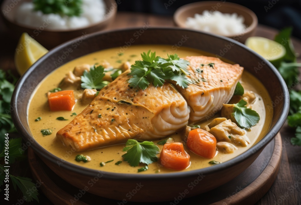 Fish Amok A specific version of amok using fish, typically catfish, with a creamy coconut curry sauce by ai generated Fish Amok A specific version of amok using fish, typically catfish, with a creamy coconut curry sauce by ai generated