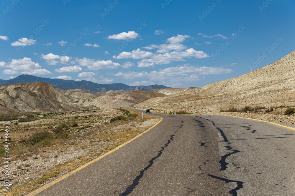 Colorful desert in Azerbaijan. Views of the arid and colorful landscape. Painted hills near with Baku, Azerbaijan