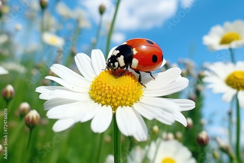 Ladybug sitting on top of a white flower. Perfect for nature and garden-themed designs