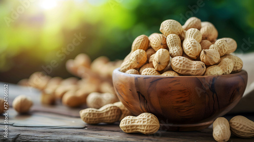 Peanuts in wooden bowl on the table, source of protein that is beneficial to health. photo