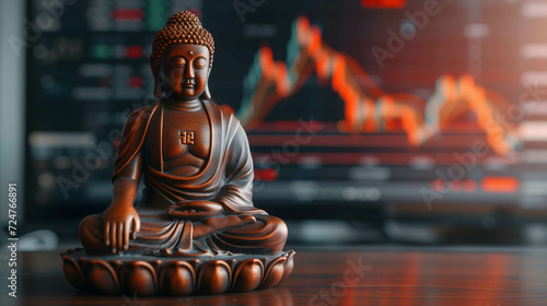 Buddha statue placed on the table with stock market background, shows respect and faith in sacred things in order to be successful photo