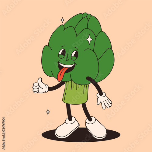 Funny vegetables retro cartoon characters sticker. Modern label with cute comics characters. Hand drawn doodles of comic mascot. Set in modern cartoon style. 70s retro vibes.