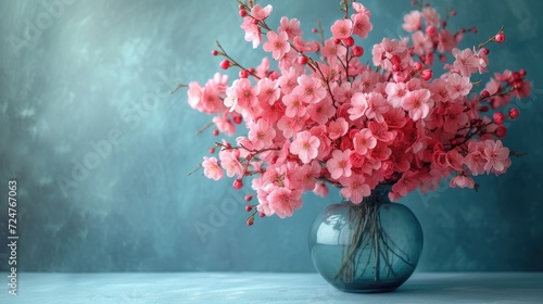  a vase filled with lots of pink flowers on top of a white table next to a blue wall and a blue wall behind the vase with a bunch of pink flowers in it. #724767063