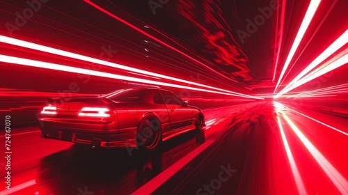 Neon image of sports car on the road going fast, lights blurred