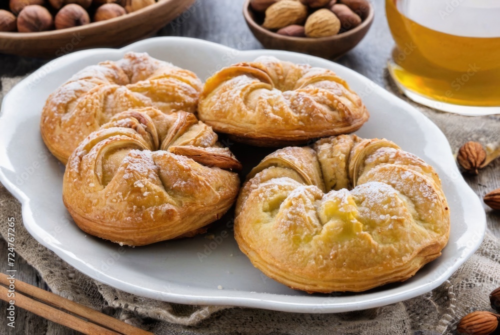 Gata A sweet pastry filled with a mixture of flour, sugar, butter, and often nuts spices by ai generated