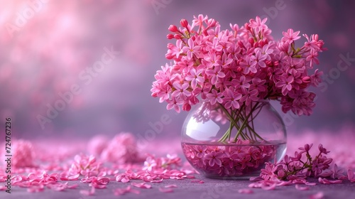  a vase filled with pink flowers sitting on top of a pink floor covered in petals of pink carnations and petals falling from the top of the bottom of the vase.