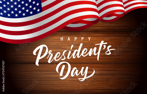 Happy President's day lettering with flag USA on wooden boards. Holiday US presidents, creative concept for poster or banner. Vector illustration