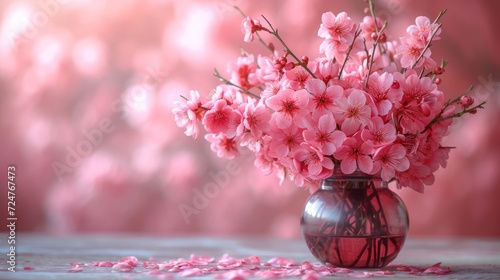  a vase filled with lots of pink flowers on top of a wooden table next to a pink wall and petals of petals on the floor in front of the vase.