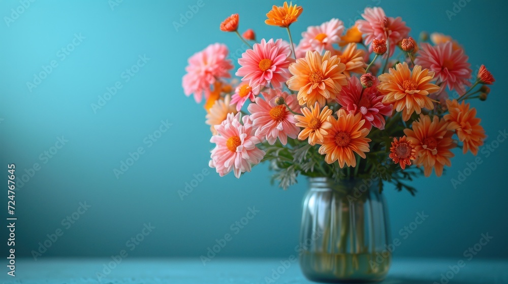 a vase filled with orange and pink flowers on top of a blue tableclothed tablecloth with a light blue wall behind the vase and a light blue wall behind the vase. a vase filled with orange and pink flowers on top of a blue tableclothed tablecloth with a light blue wall behind the vase and a light blue wall behind the vase.