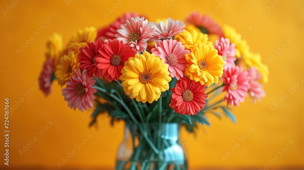  a vase filled with yellow and red flowers on top of a wooden table with a yellow wall behind it and a yellow wall behind the vase is filled with red and yellow flowers.