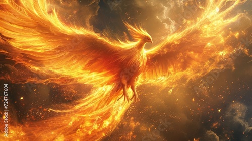 Golden Phoenix arising from the flames flying