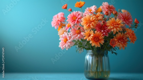  a vase filled with orange and pink flowers on top of a blue tableclothed tablecloth with a light blue wall behind the vase and a light blue wall behind the vase.