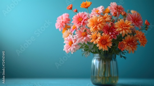 Wallpaper Mural  a vase filled with orange and pink flowers on top of a blue tableclothed tablecloth with a light blue wall behind the vase and a light blue wall behind the vase. Torontodigital.ca