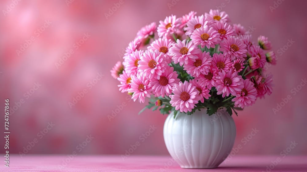 a white vase filled with pink flowers on top of a pink tablecloth covered table next to a pink wall and a pink wall behind the vase is filled with pink daisies. a white vase filled with pink flowers on top of a pink tablecloth covered table next to a pink wall and a pink wall behind the vase is filled with pink daisies.