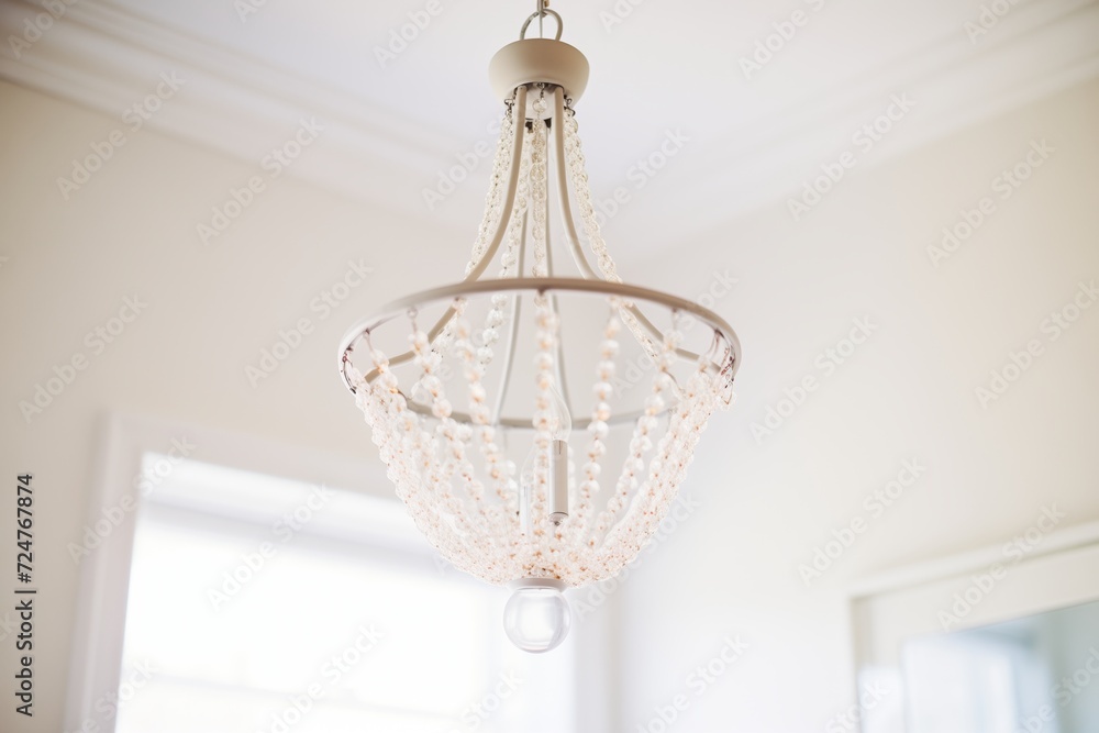 a closeup of a crystal chandelier hanging on a white ceiling