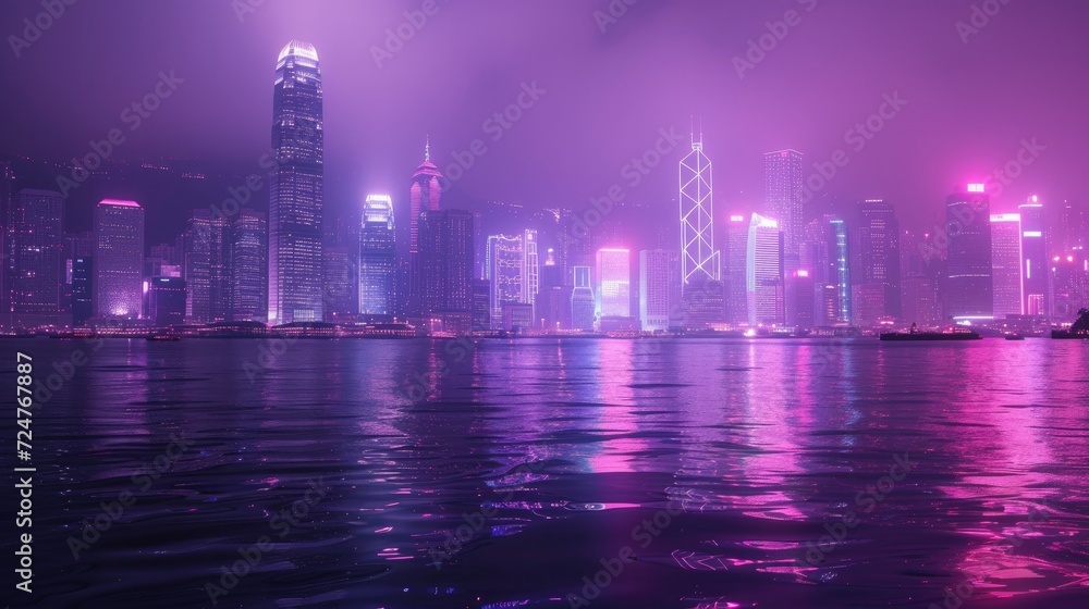 Nighttime, neon lights, streets reflect on water. Future hong kong scene of futuristic neon city skyline expressway lights