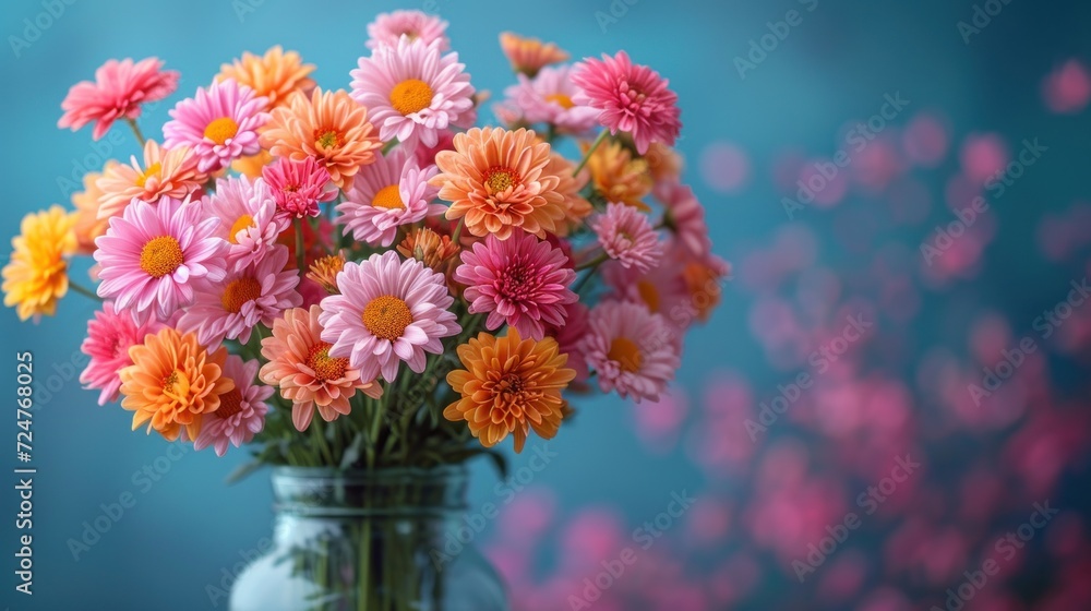 a vase filled with lots of pretty pink and orange flowers on a blue and pink background with lots of tiny pink and orange flowers in the middle of the vase. a vase filled with lots of pretty pink and orange flowers on a blue and pink background with lots of tiny pink and orange flowers in the middle of the vase.